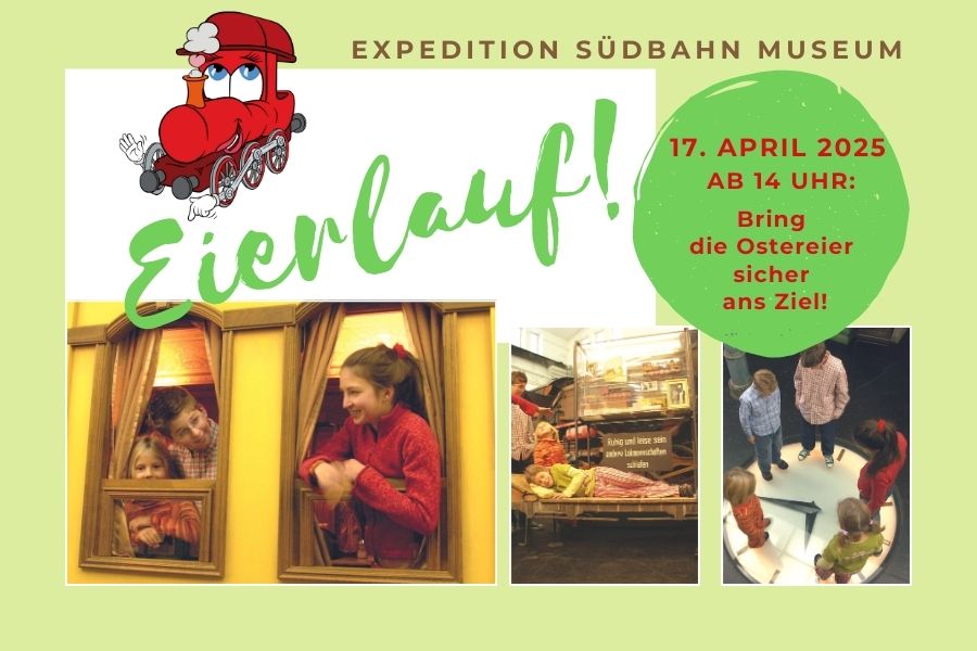 Das Bild zeigt eine Collage von drei Bildern vor grünem Hintergrund. Auf den Bildern sind Kinder in der Dauerausstellung des SÜDBAHN Museums zu sehen.